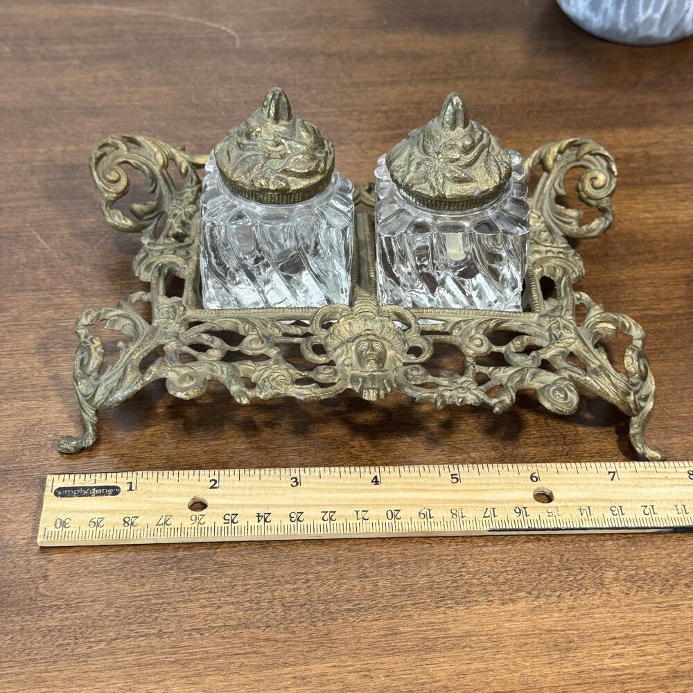 Antique Ornate Brass Double Inkwell Stand with Two Glass Ink Pots Victorian Era - Picture 9 of 11